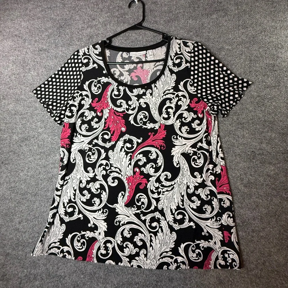 Susan Graver Liquid Knit Top Womens Medium Black Pink Baroque Scroll Polka Dot